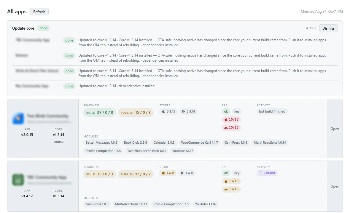 The dashboard's fleet view, every managed app and its state