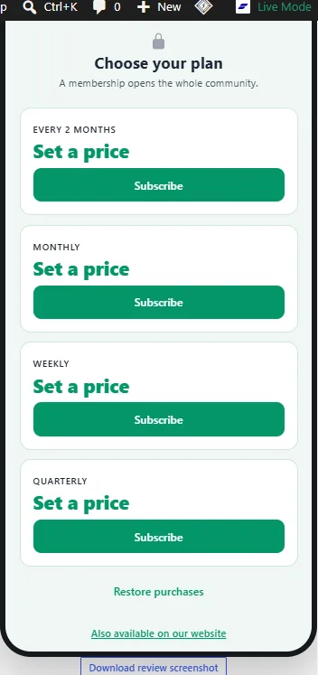 The subscriptions selling screen with its plan cards, on a phone