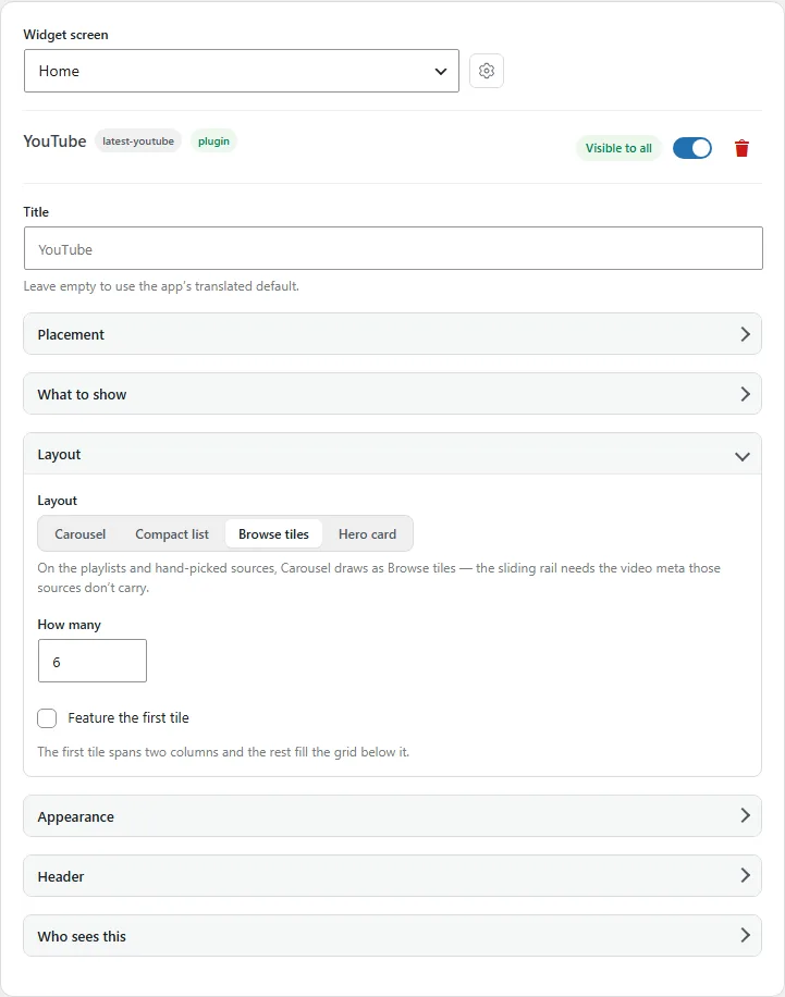 the layout options for the YouTube widget