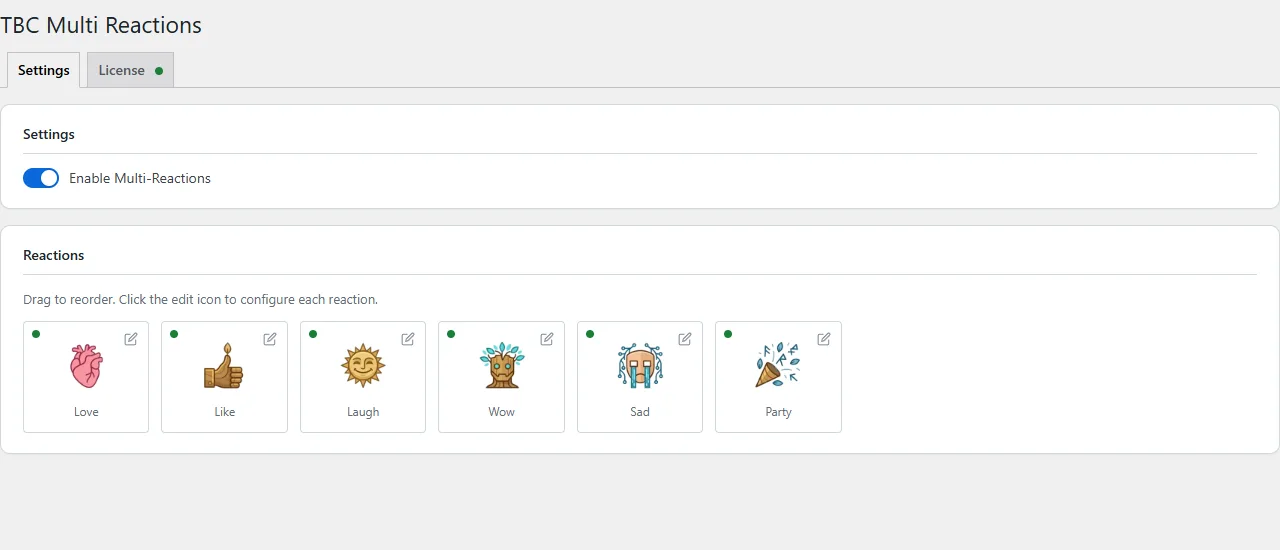 The Multi Reactions settings screen in WordPress