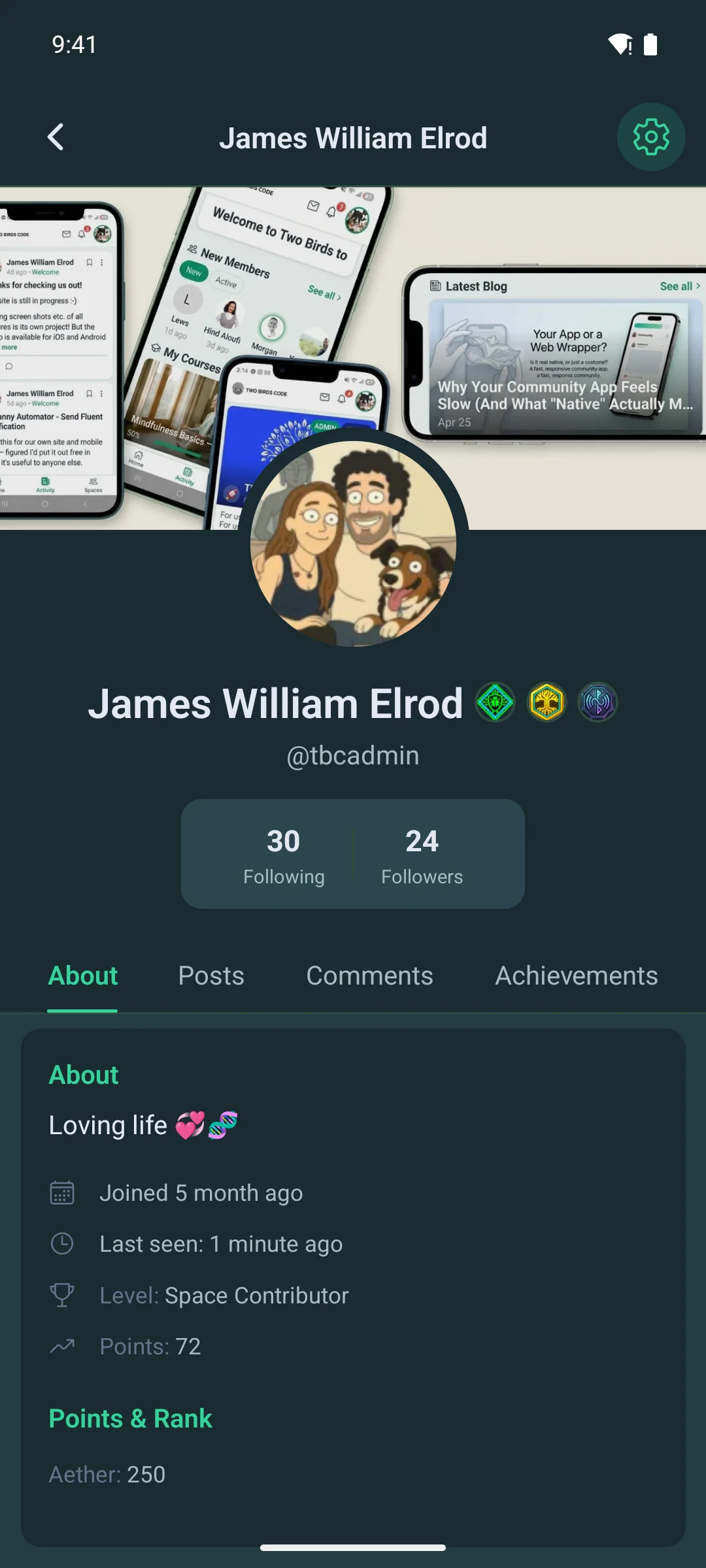A completed member profile in the app