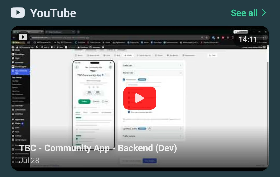 the YouTube widget drawn as a full-width hero card