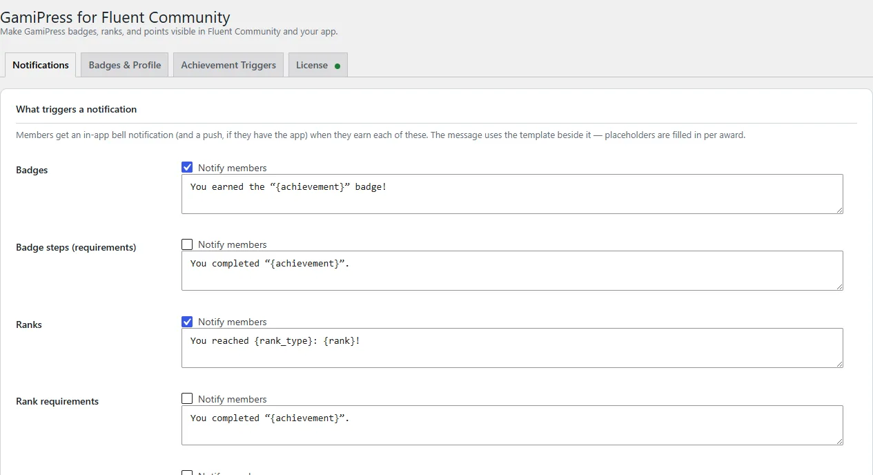 The GamiPress add-on settings screen in WordPress