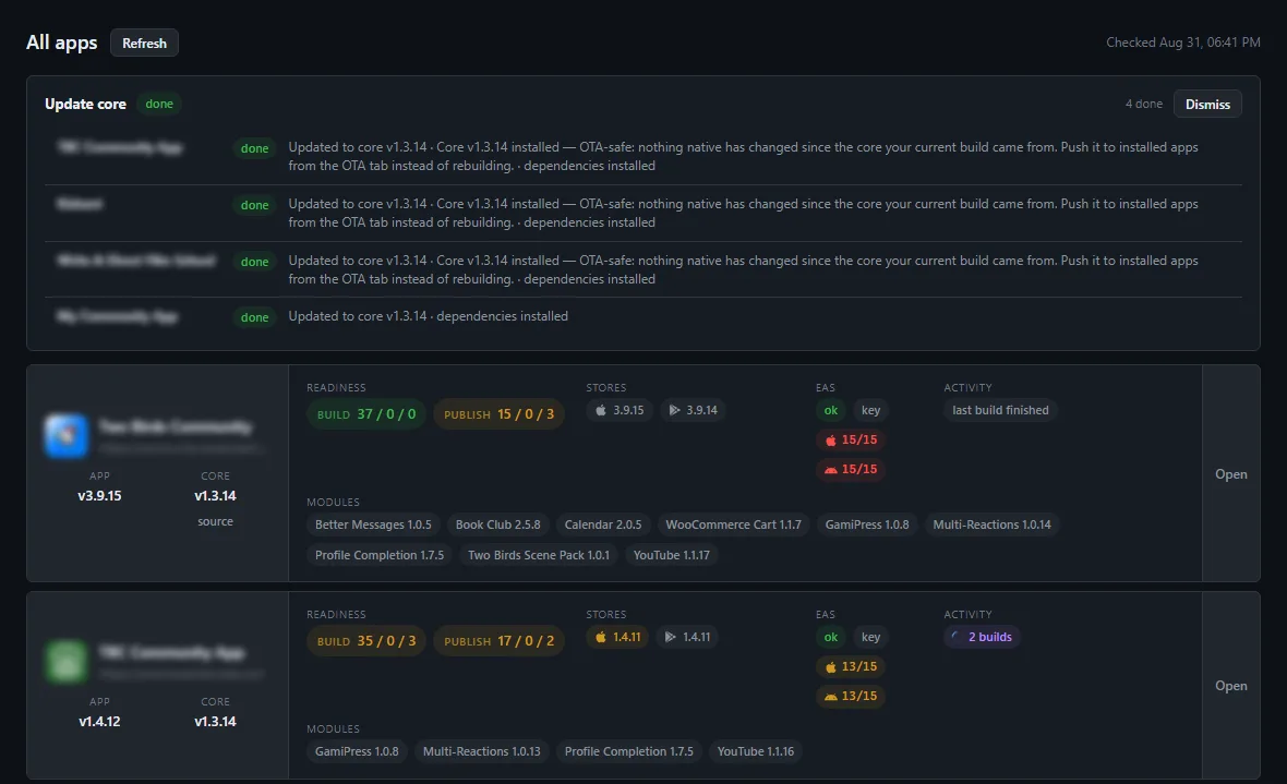 The dashboard's fleet view, every managed app and its state