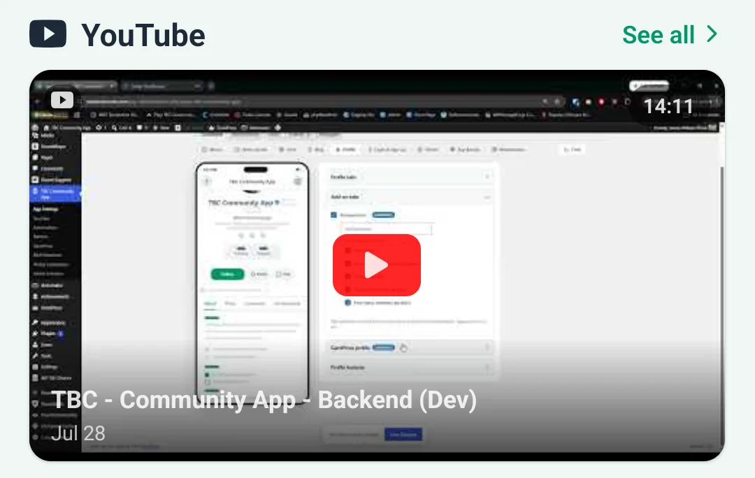 the YouTube widget drawn as a full-width hero card