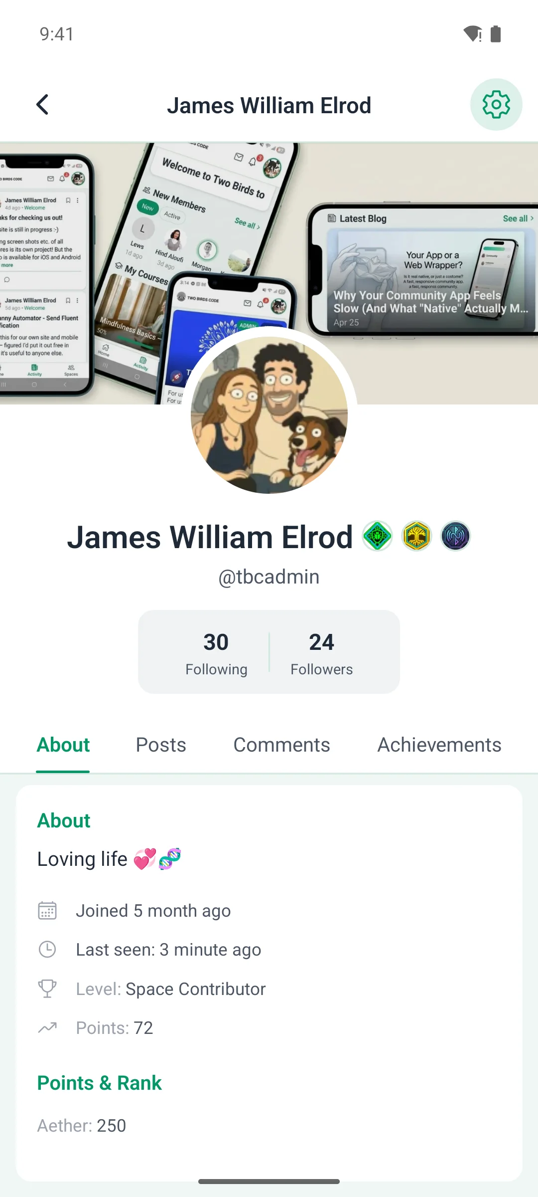 A completed member profile in the app