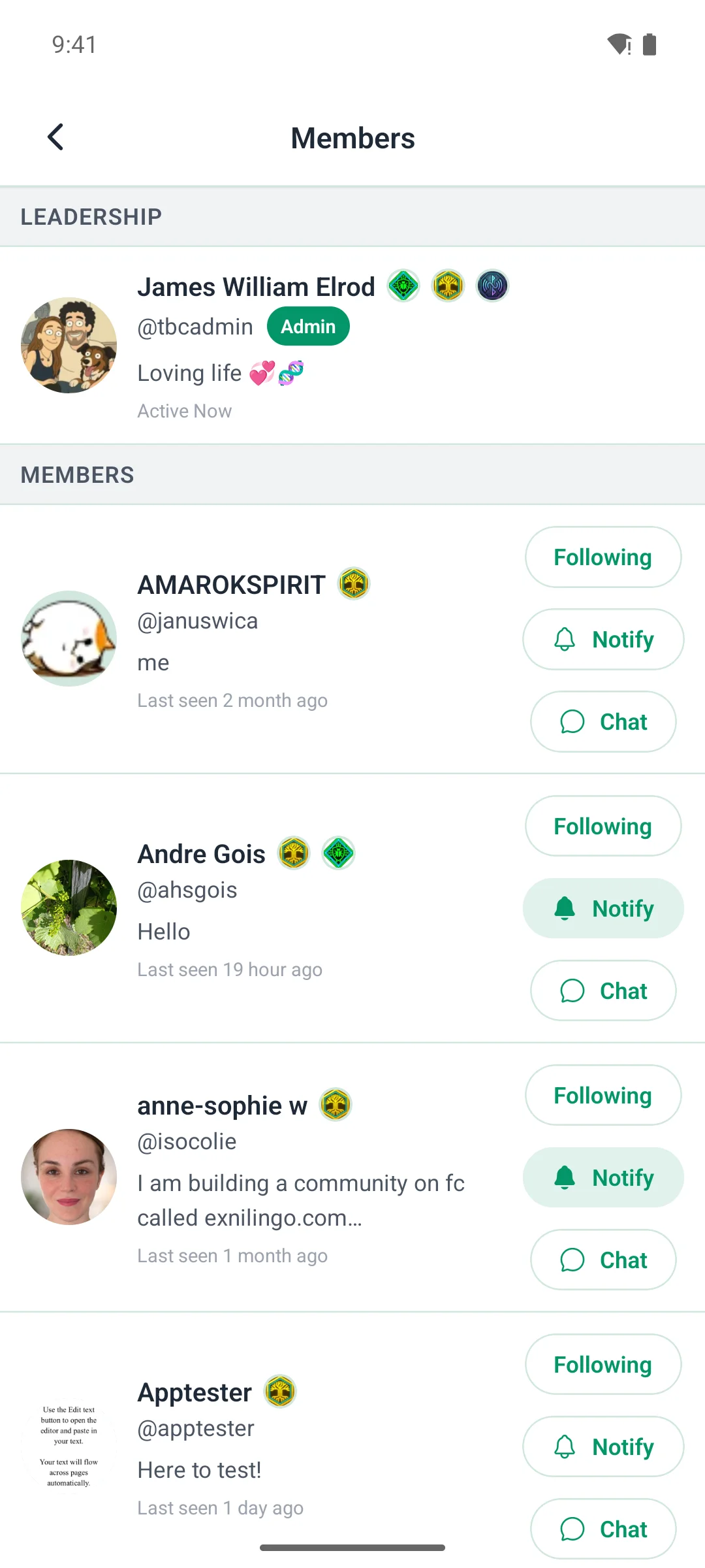 The member list inside a space on a phone