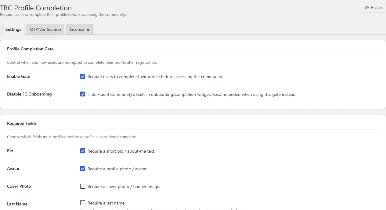 The Profile Completion settings screen in WordPress