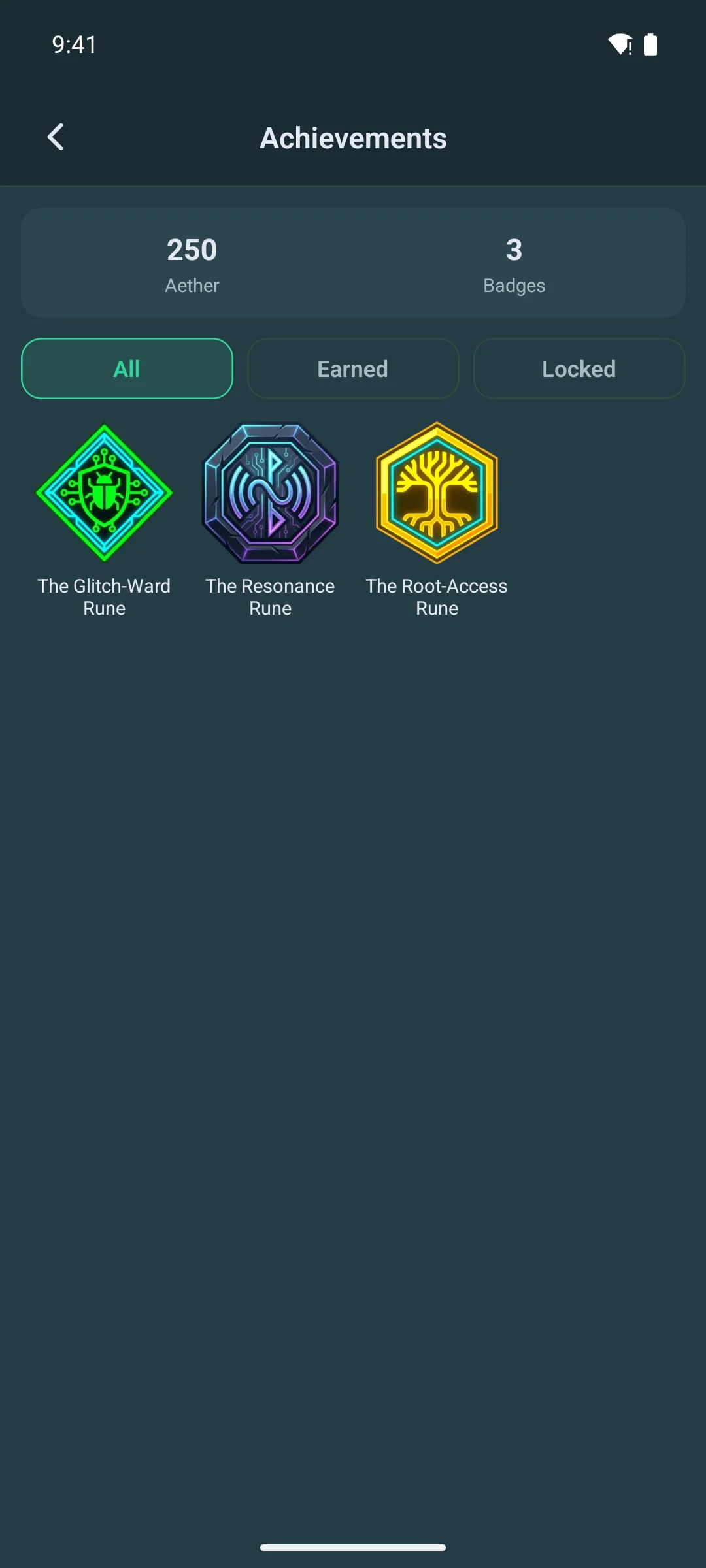 The achievements screen, showing earned badges