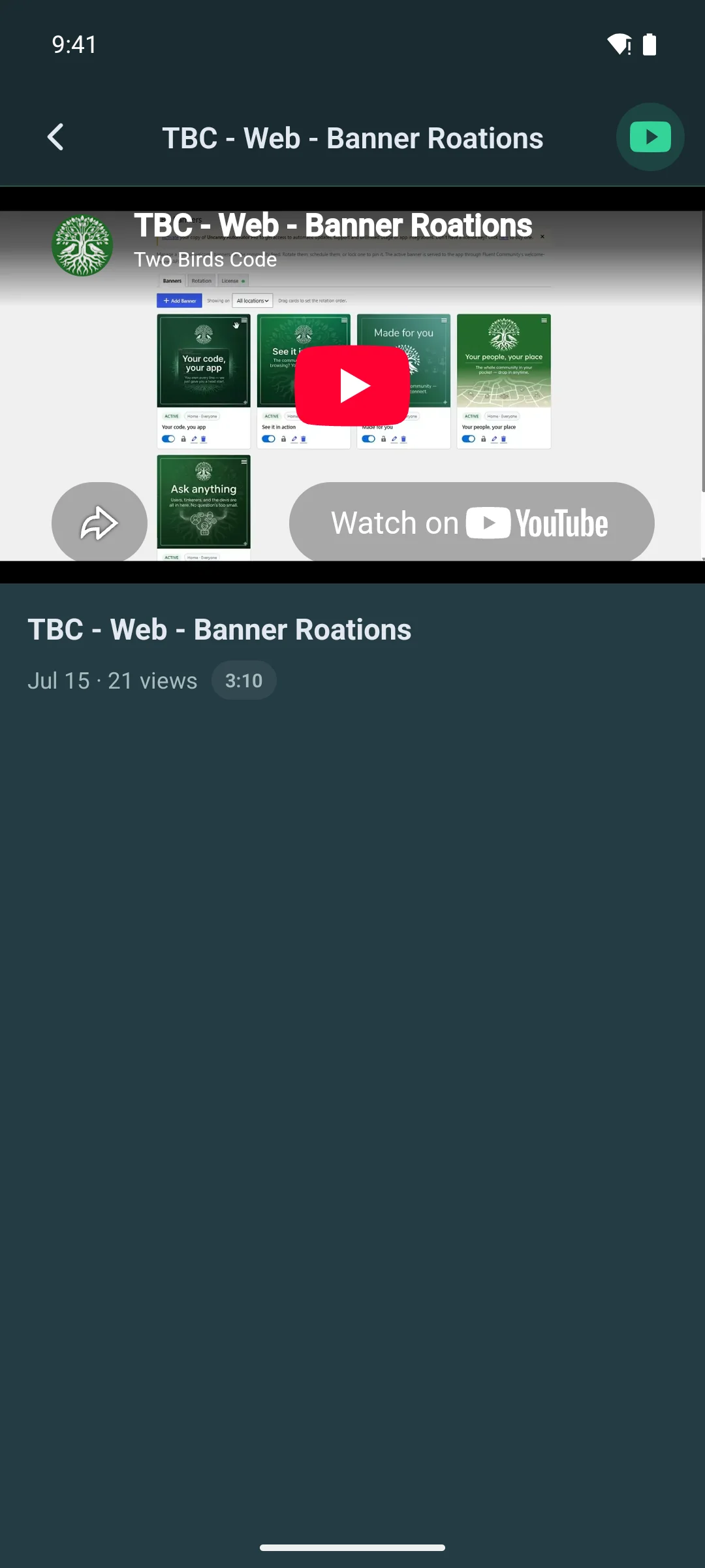 a video on its own screen in the app