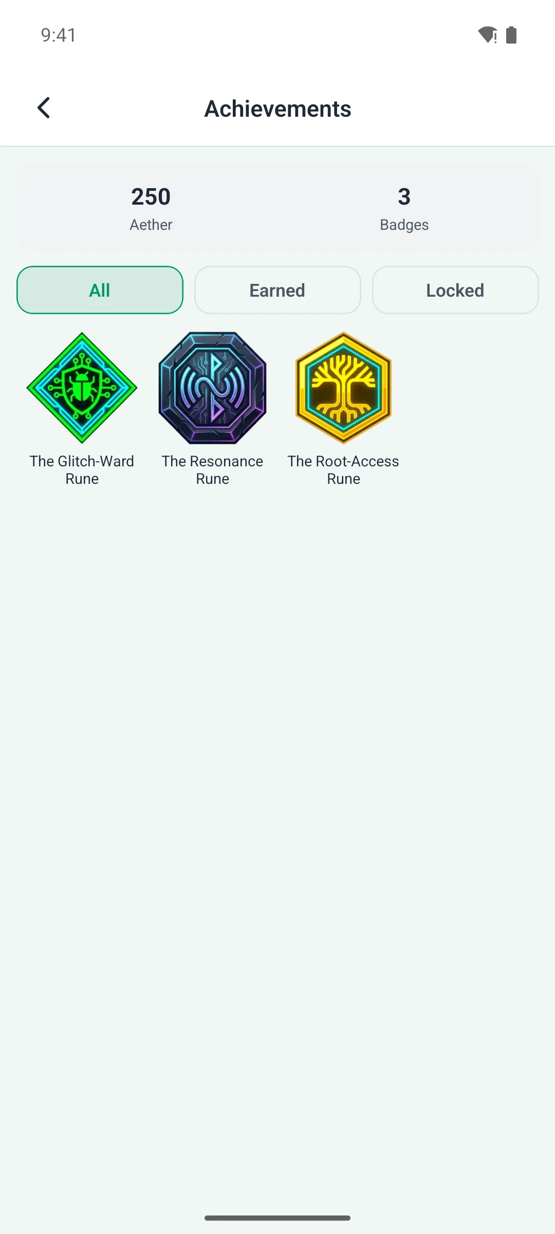 The achievements screen, showing earned badges