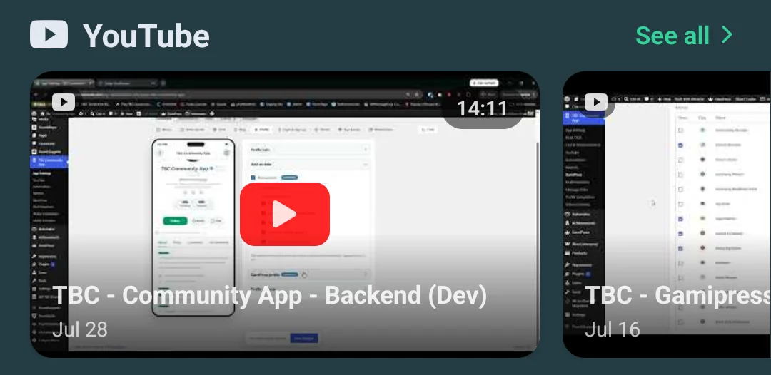 the YouTube widget drawn as a sliding carousel
