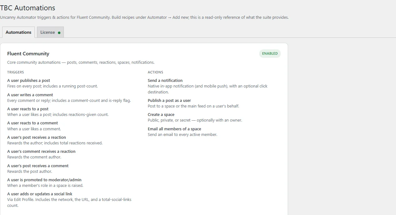 The Automations settings screen in WordPress