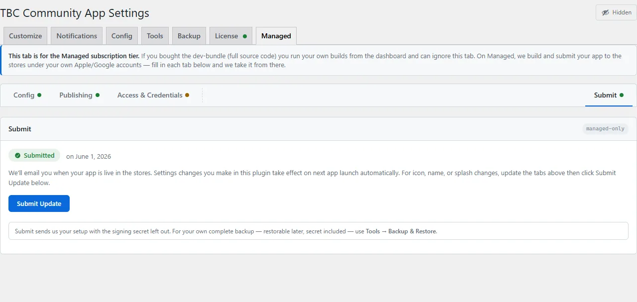 The Managed App Setup panel in WordPress, ready to submit