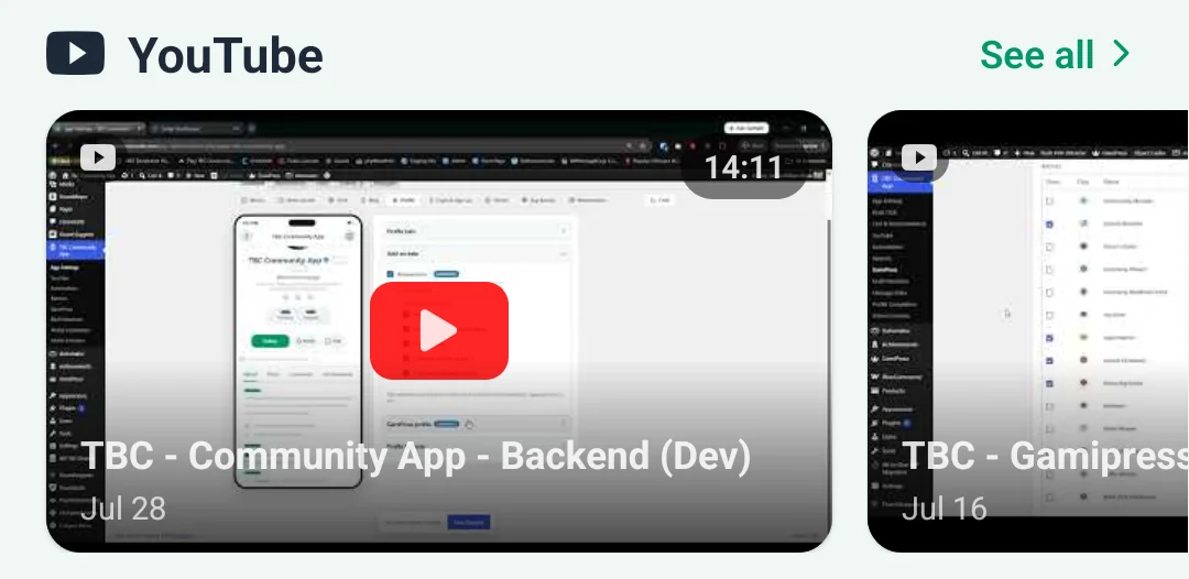 the YouTube widget drawn as a sliding carousel