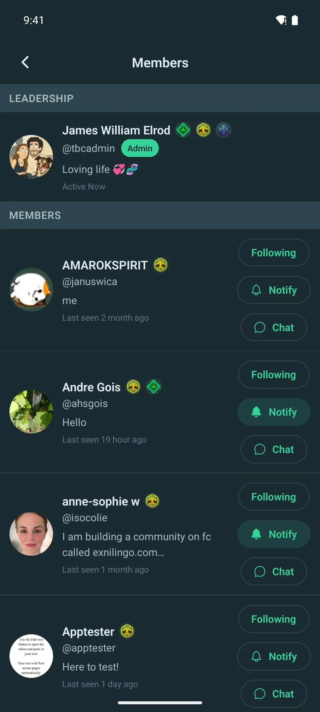 The member list inside a space on a phone