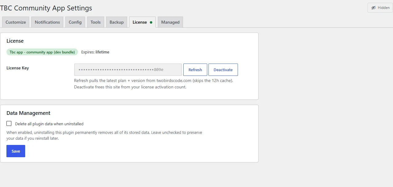 The License tab, with the key masked to its last four characters