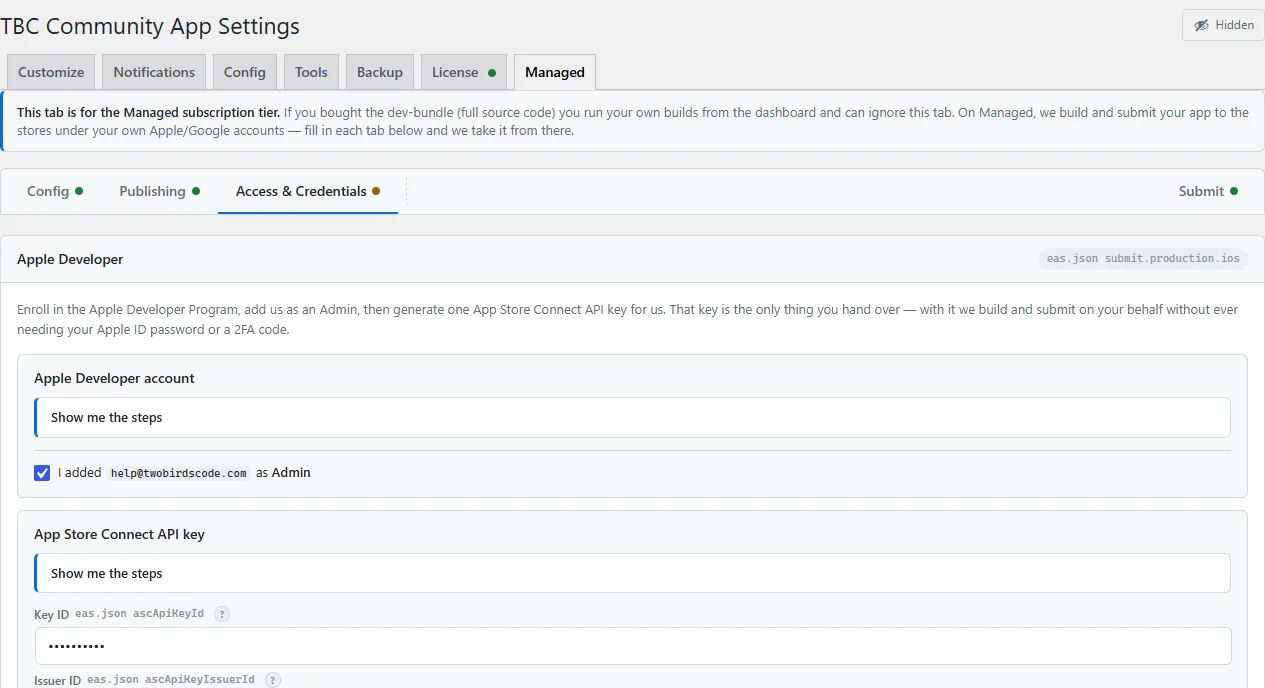 The Managed tab's Config sub-tab, collecting the app's identity