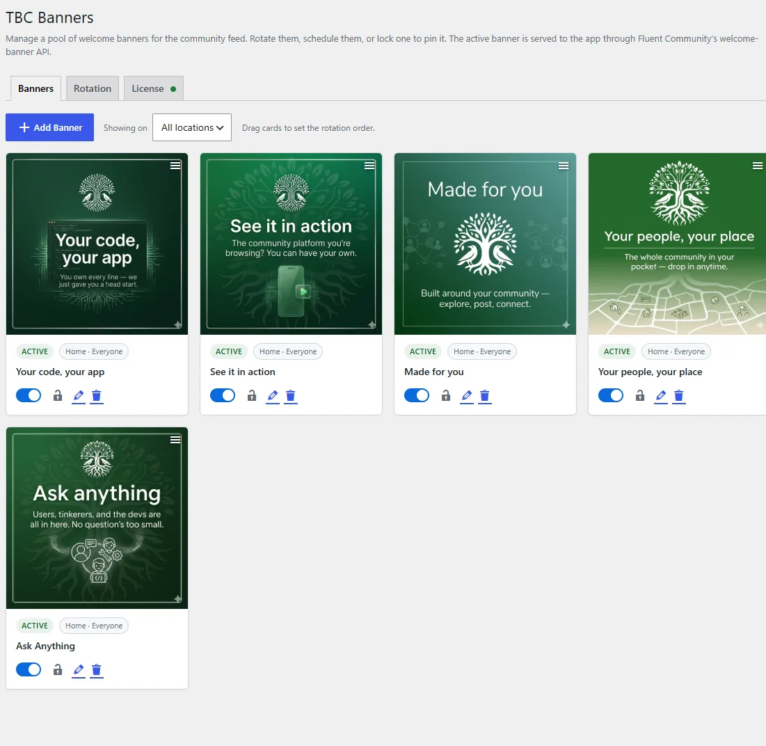 The Banners screen in WordPress, managing a pool of banners