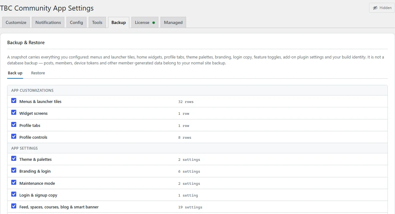 The Backup and Restore screen, listing the groups of settings a snapshot will carry