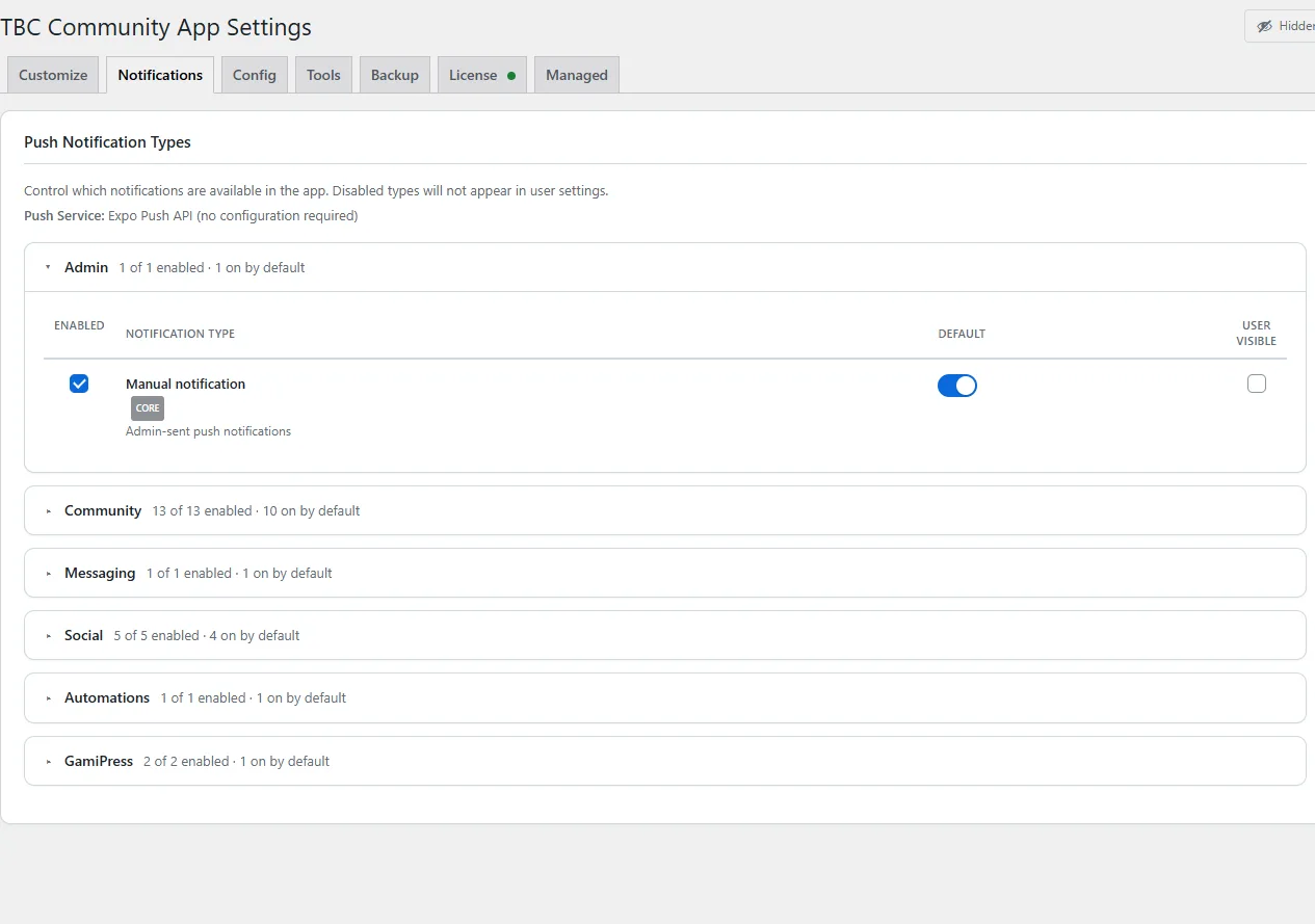 The Community notification group, one switch per event with its default and visibility