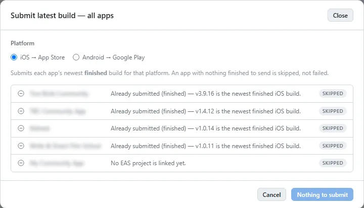 The fleet Submit dialog, listing each app's newest production build