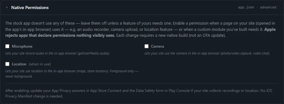 The Native Permissions card, with the microphone, camera and location switches