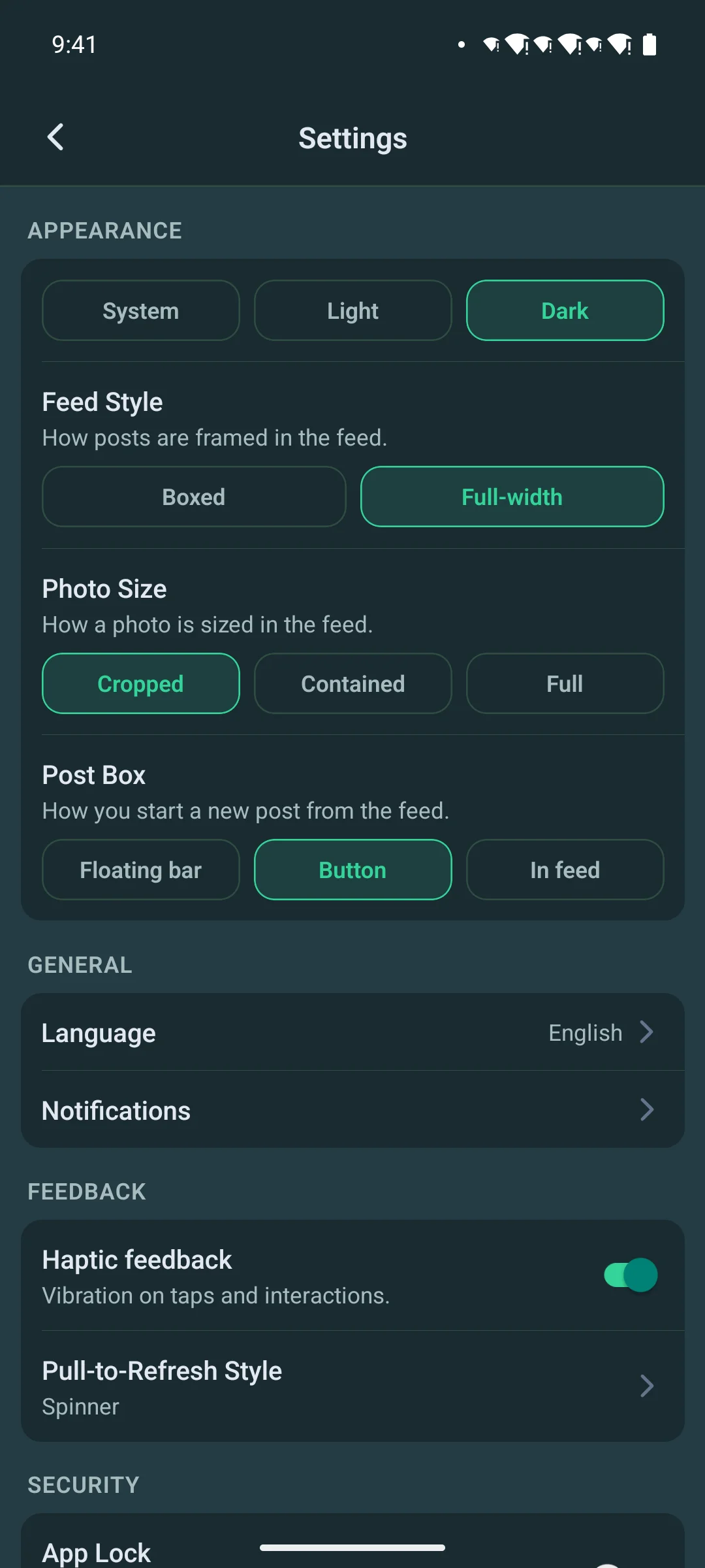 The settings screen on a phone