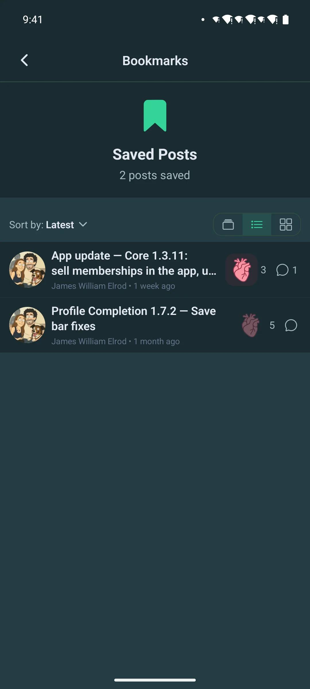 Saved posts in list view on a phone