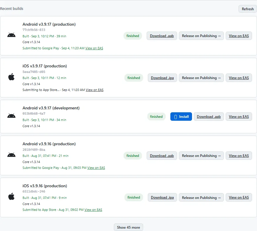 The Recent Builds list, each row showing its status and what can be done with it