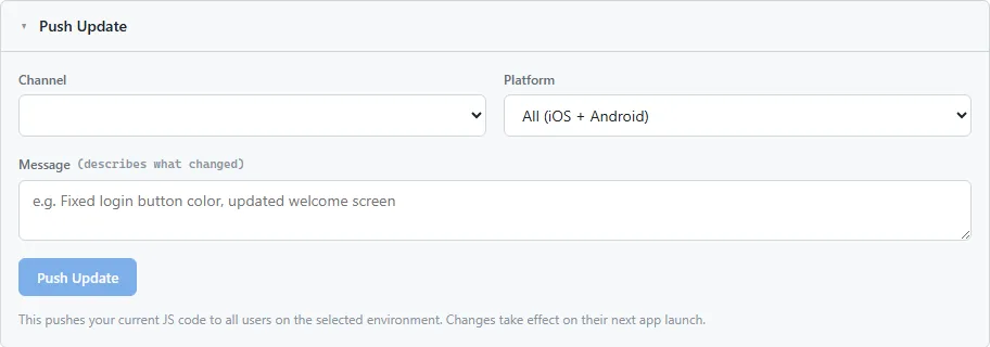 The Push Update card on the OTA Updates tab