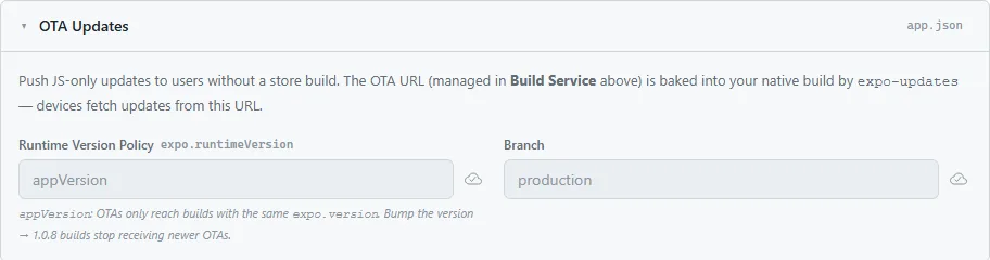 The OTA Updates card, with the runtime version policy and branch