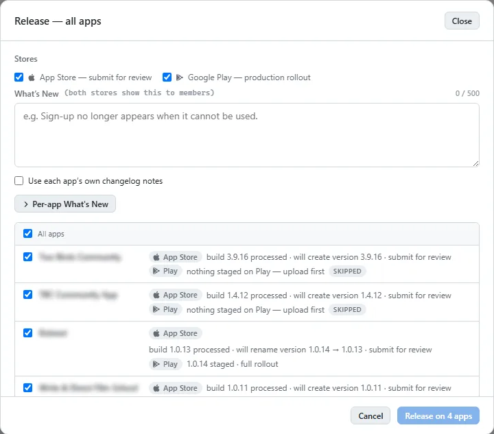 The fleet Release dialog, with the bump, build, submit and release-notes steps