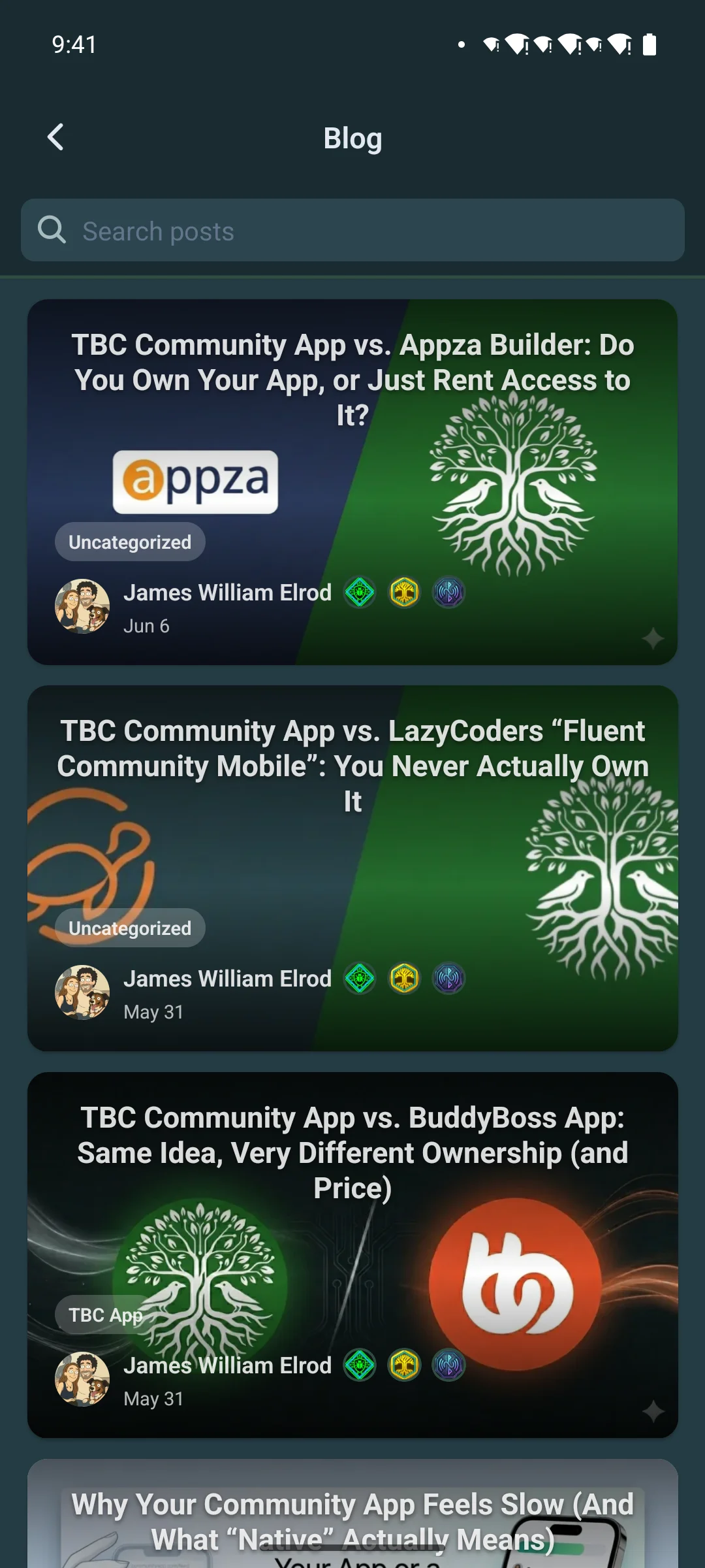 The blog list on a phone