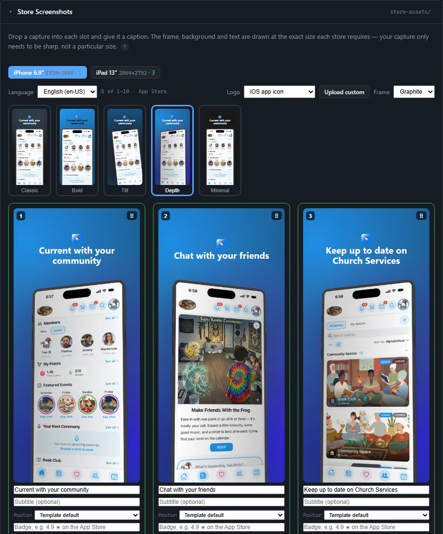 The Store Screenshots card, listing the sizes each store requires