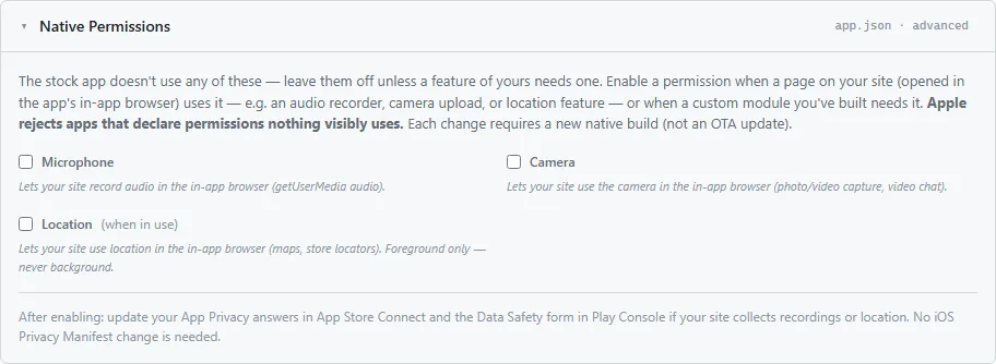 The Native Permissions card, with the microphone, camera and location switches