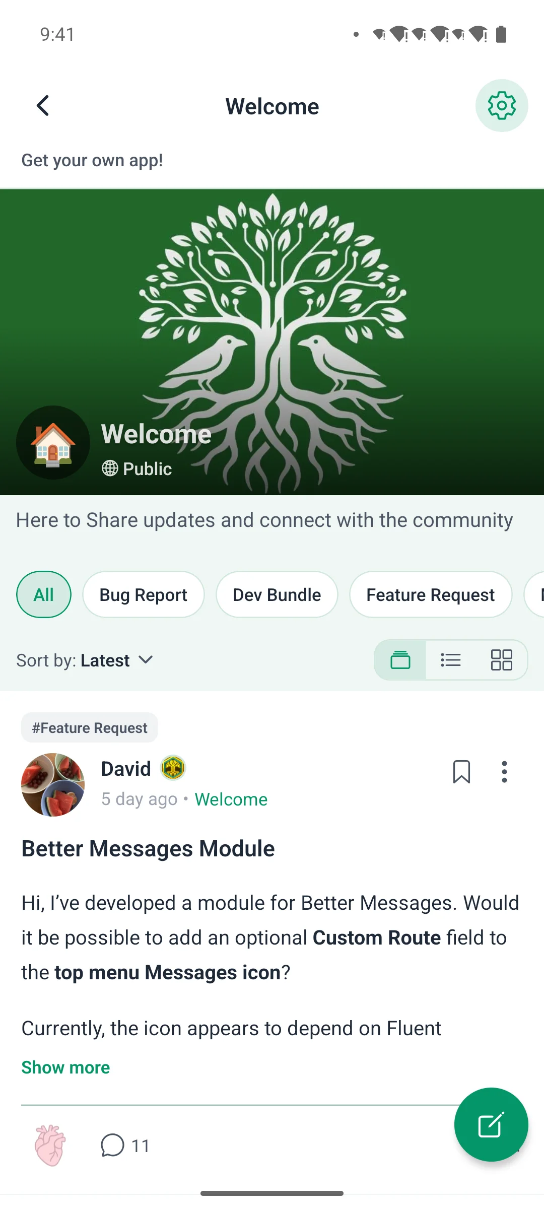 One space’s own feed on a phone, with its cover and topics