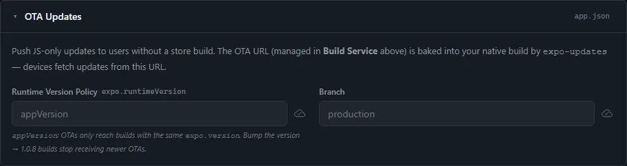 The OTA Updates card, with the runtime version policy and branch