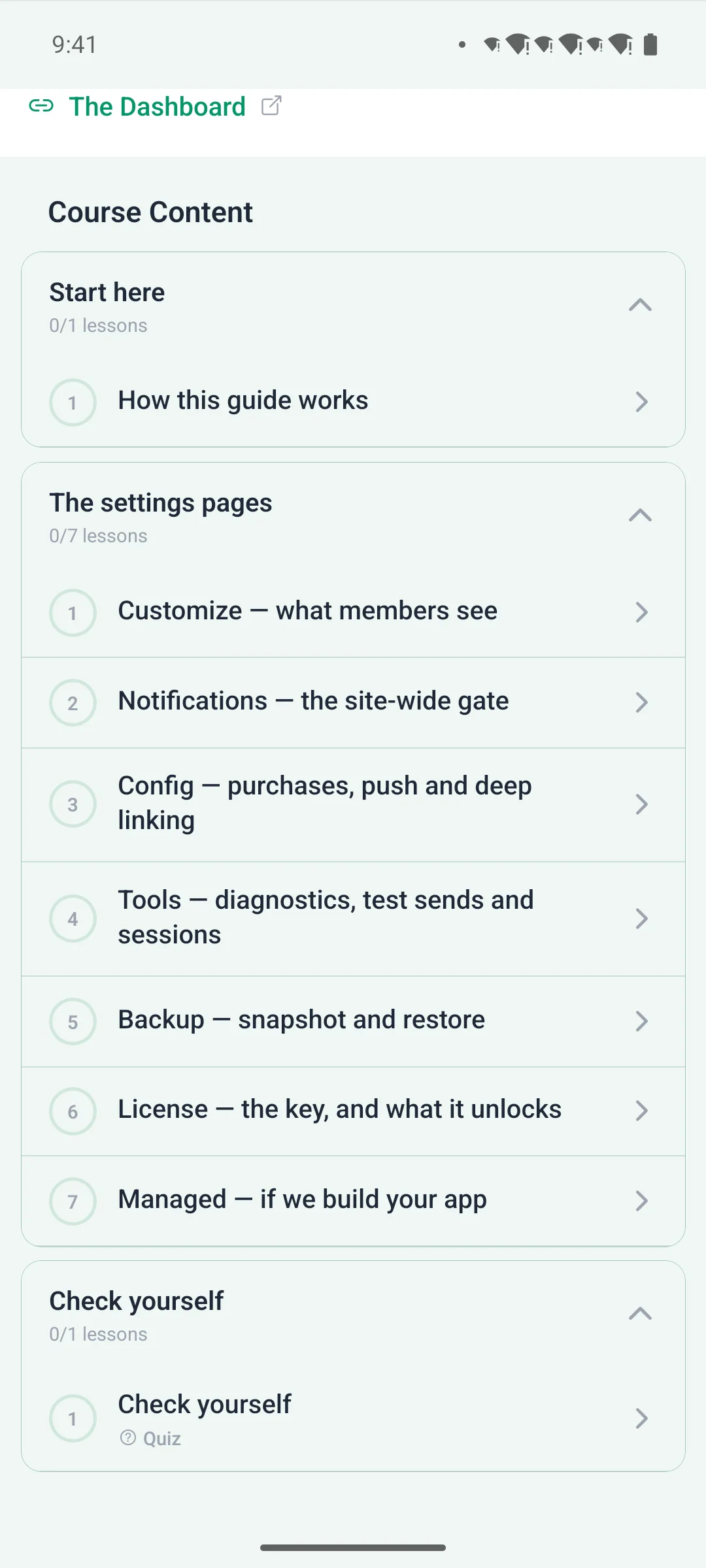 Further down a course page, showing its lesson sections