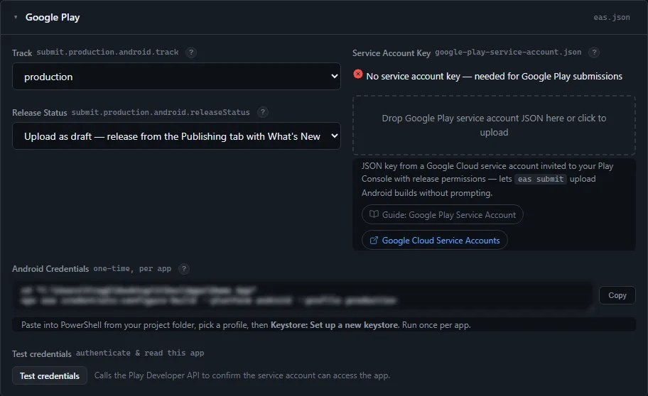 The Google Play card, with the track, release status and service-account JSON