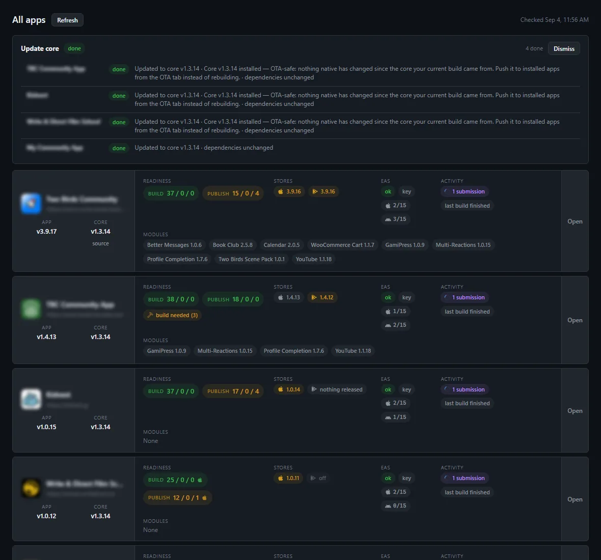 The All apps grid, one row per project, with versions, readiness and store state