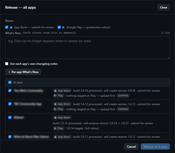 The fleet Release dialog, with the bump, build, submit and release-notes steps