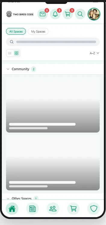 The spaces screen as members see it, on a phone