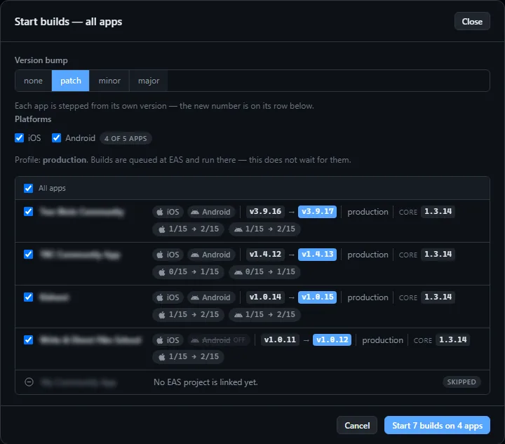 The fleet Build dialog, with platforms, a profile and the list of selected apps