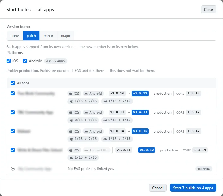 The fleet Build dialog, with platforms, a profile and the list of selected apps