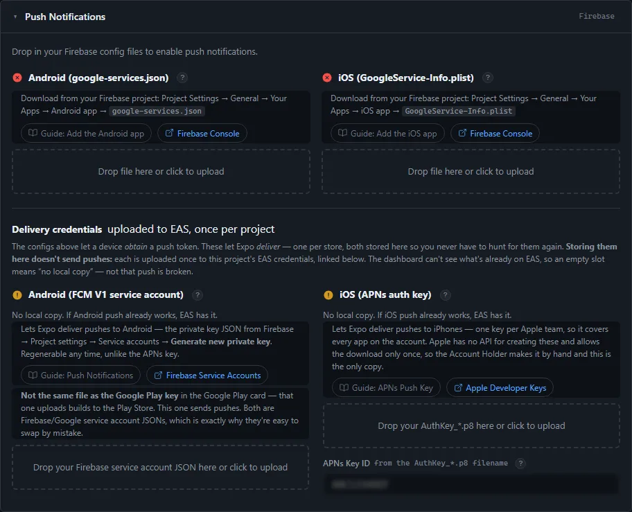 The Push Notifications card, with the Firebase config files and delivery credentials