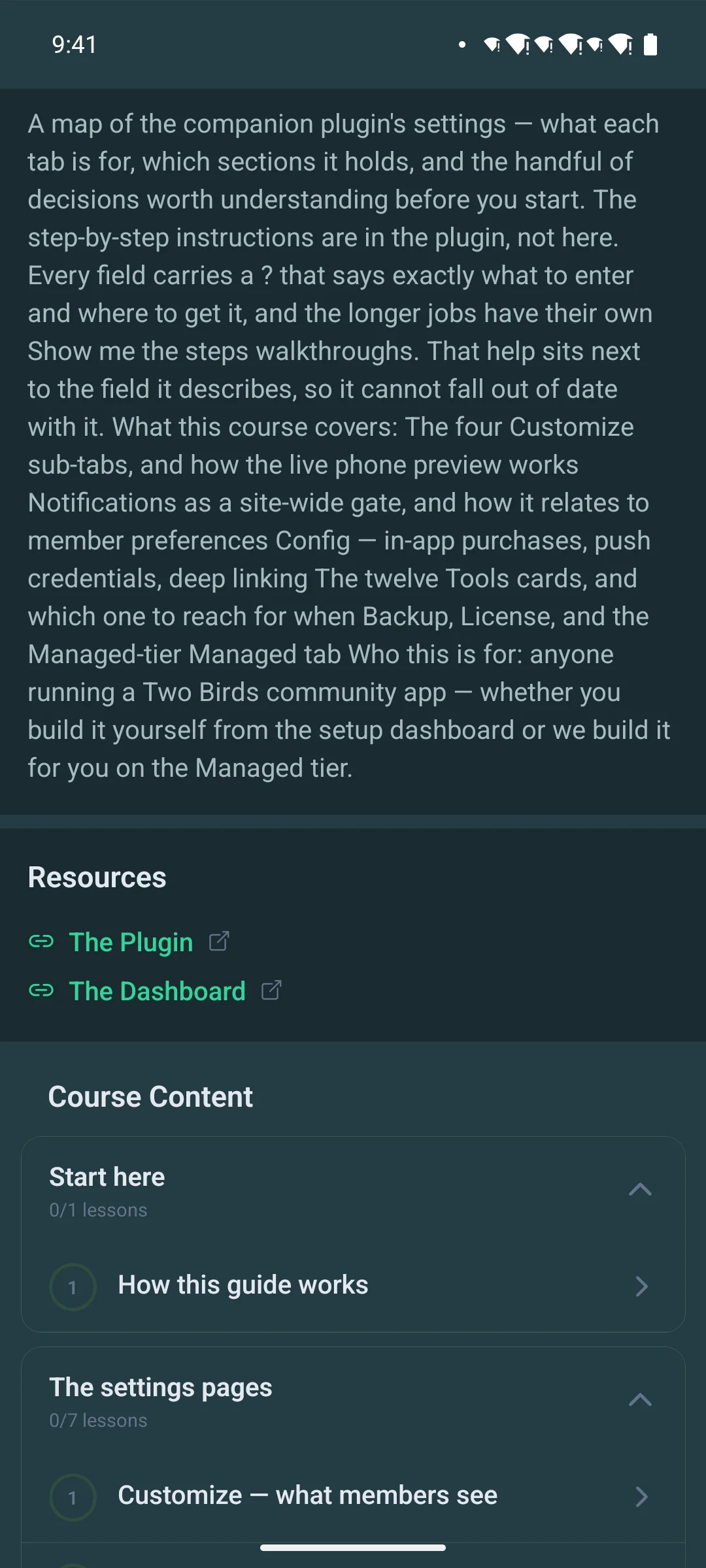 Further down a course page, showing its lesson sections