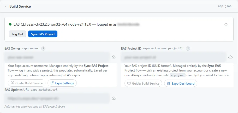 The Build Service card, showing the CLI status and the linked project