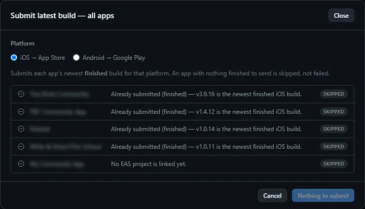The fleet Submit dialog, listing each app's newest production build