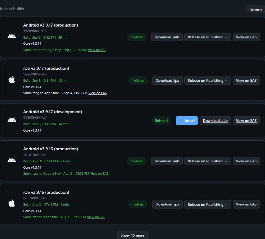 The Recent Builds list, each row showing its status and what can be done with it